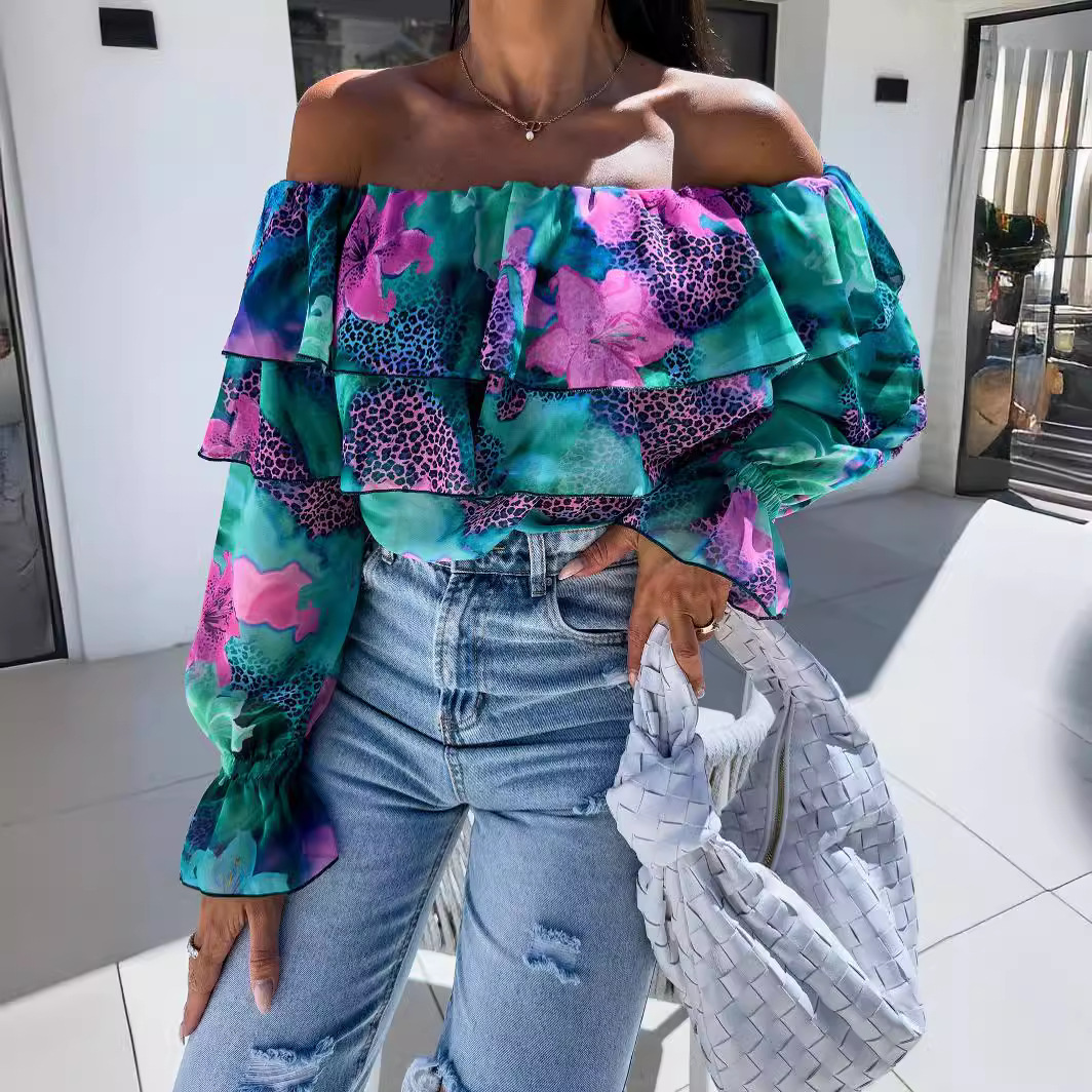 Fashionable Off-shoulder Print Blouse With A Boat Neckline