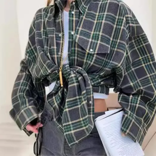 Retro Style Versatile Loose Plaid Long Sleeve Shirt Gray - Shop at LoveMi