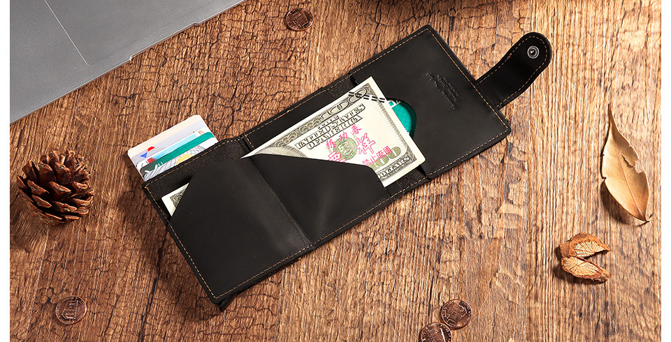 Leather Card Holder Wallet with Coin Pocket - open black wallet showing note compartment, card slots and contrast stitching