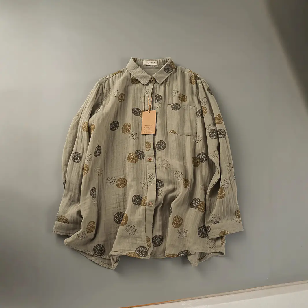 Japanese-style Double-Layer Cotton Gauze Printed Long-Sleeve Shirt Top For Women