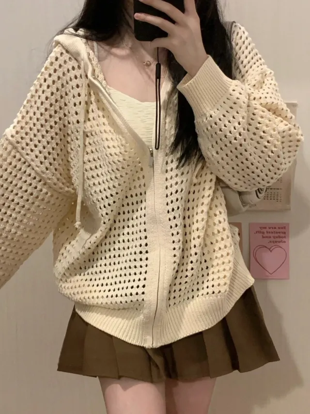 Women's Hollow out Design Hooded Outwear Blouse Knitted Cardigan Apricot - Shop at LoveMi