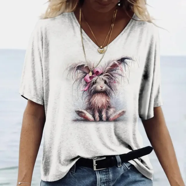 Ladies' V neck T shirt 3d Printing Animated Rabbit Short Sleeve Hx240623R11 2Xl - Shop at LoveMi