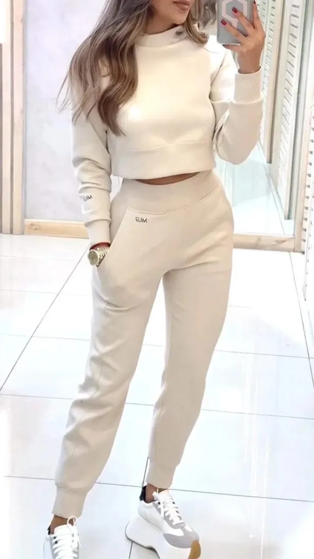 Stand Collar Sports Suit Fashion Pullover Long sleeves Short Top And Slim Trousers With Pockets Solid Outfits Women's Clothing White - Shop at LoveMi