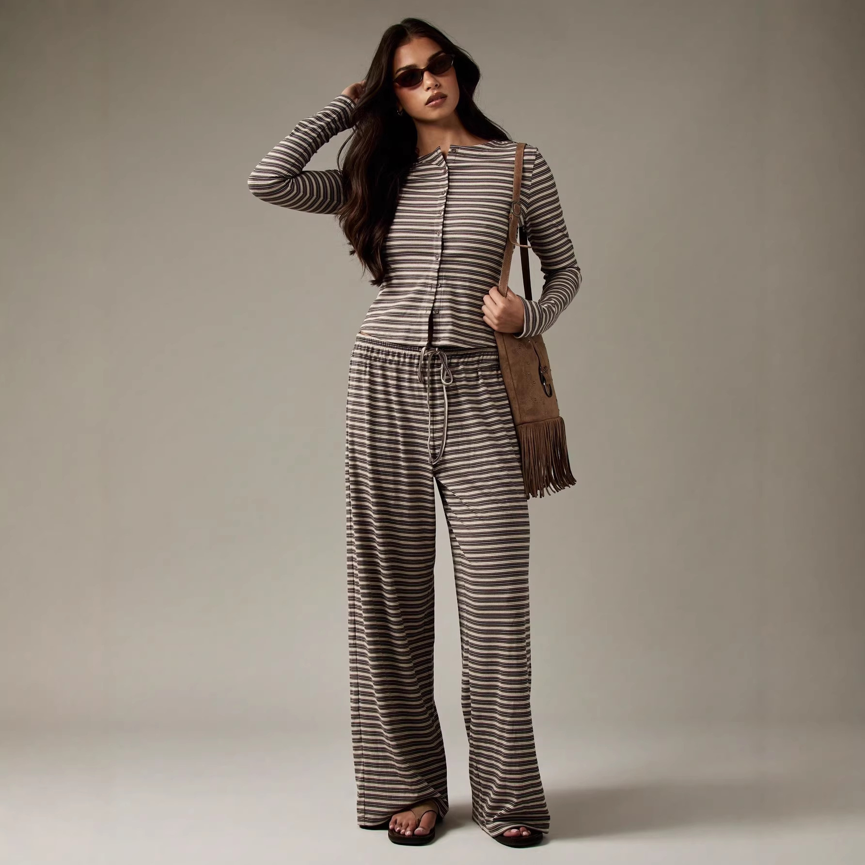 Women's Striped Single-breasted Knit Long-sleeve Pants Set