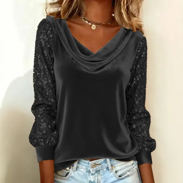 Fashion Women's Velvet Pile Neck Sequin Patchwork Long Sleeve T Shirt Top Black - Shop at LoveMi