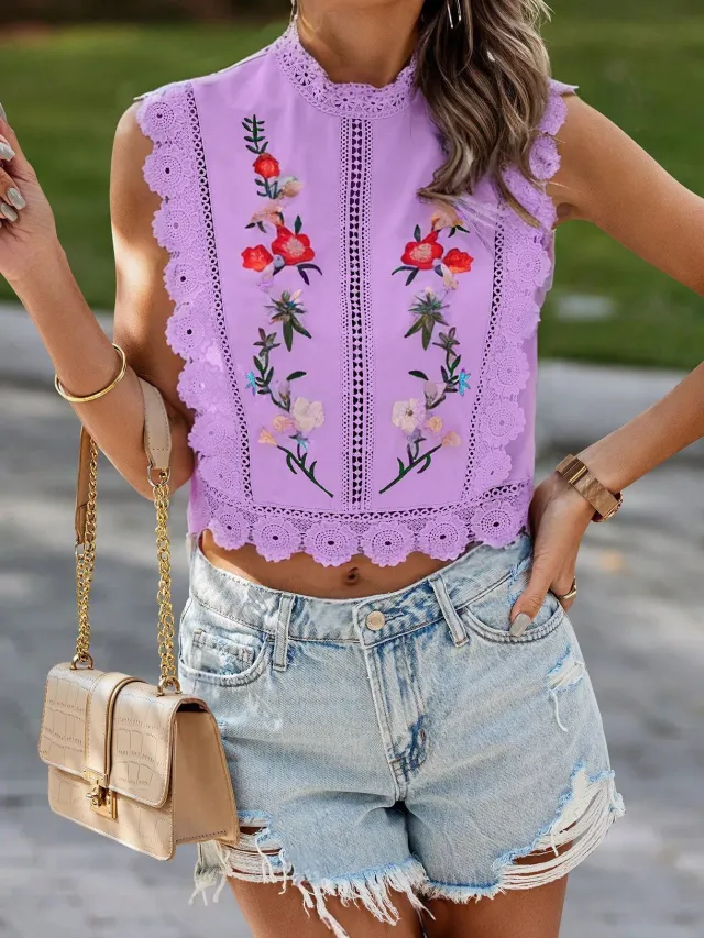 Women's Lace Embroidered Round neck Sleeveless Hollow out T shirt Purple - Shop at LoveMi