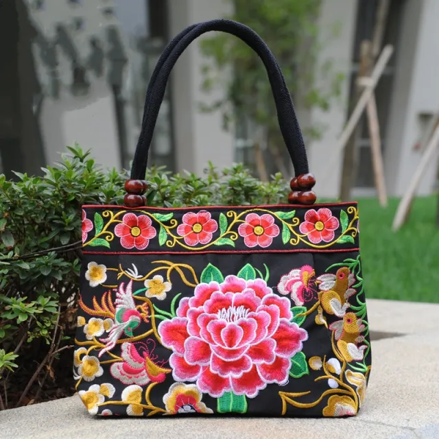 Ethnic Style Embroidered Handbag Wooden Bead Lace Bag Red - Shop at LoveMi