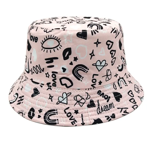 Valentine's Day Heart Printing Bucket Hat Foreign Trade Casual Double sided Wear Light Pink - Shop at LoveMi