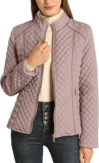 Women's Stand Collar Lightweight Quilted Padded Zip Jacket Lotus Root Starch - Shop at LoveMi
