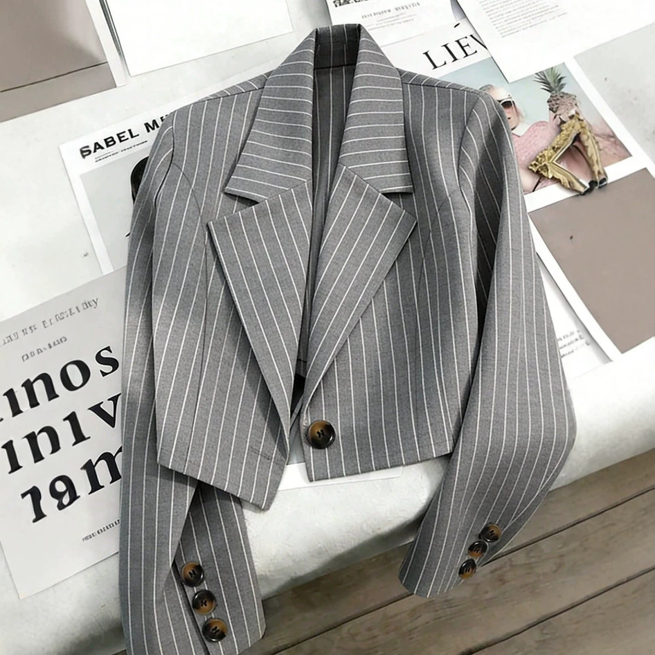 Retro-chic Casual Striped Short Lapel Jacket