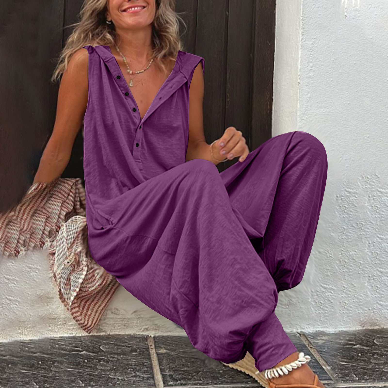 Women’s sleeveless hooded relaxed fit jumpsuit in multiple colors