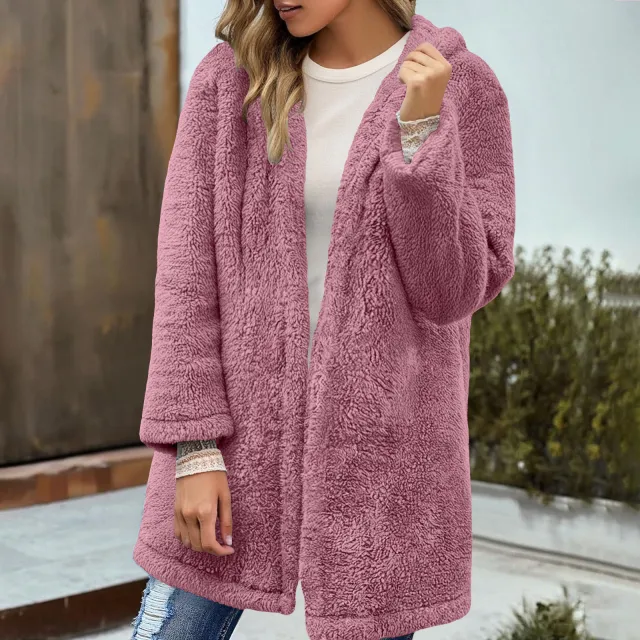 Pine Plush Hooded Cardigan Mid length Coat Women Pink - Shop at LoveMi