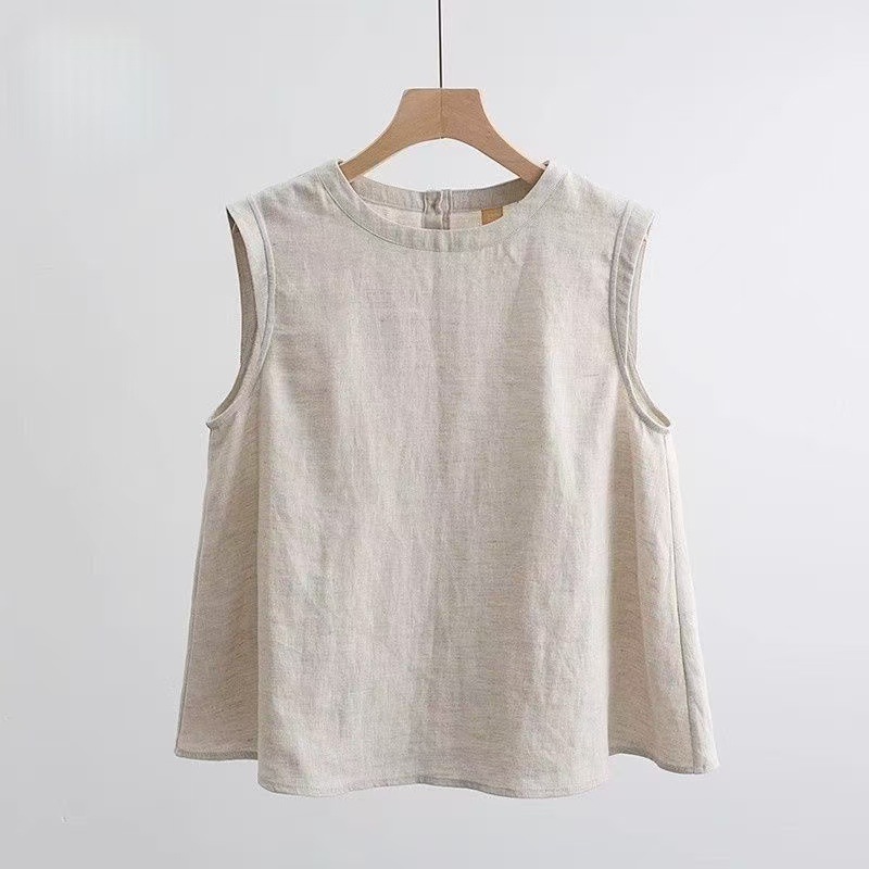 Cotton-Linen Womens Sleeveless Top Loose All-Match Linen T-Shirt Base Linen Vest
