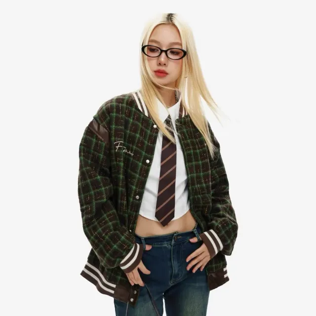 Autumn Chic Plaid Embroidered Baseball Uniform Coat Green - Shop at LoveMi