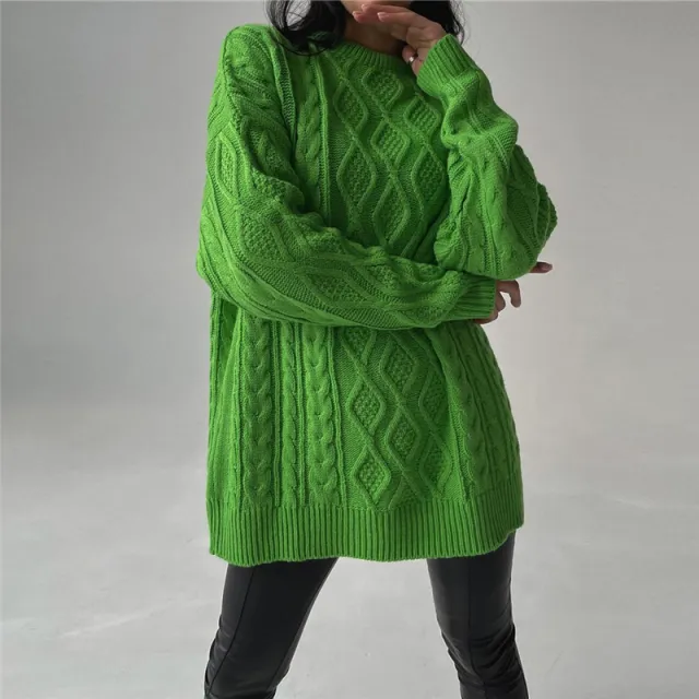 Round Neck Hip Twist Casual Loose Dress Sweater Grass Green - Shop at LoveMi