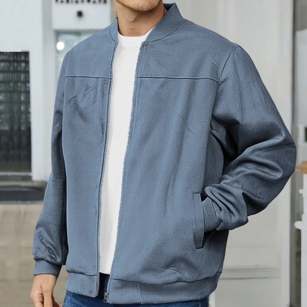 Men's Suede Fabric Jacket Casual Zipper Cardigan Outerwear - Sea Blue