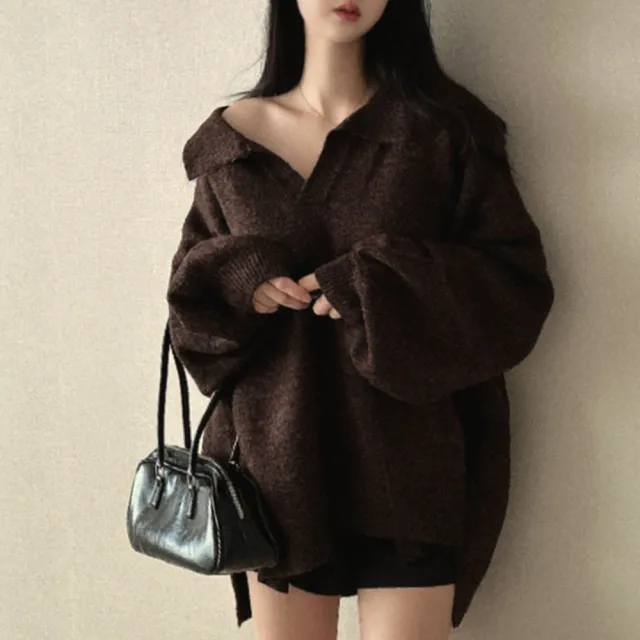 Idle Style Loose Mid length Pullover Sweater Velvet Polo Collar Sweater Dark Coffee Color - Shop at LoveMi