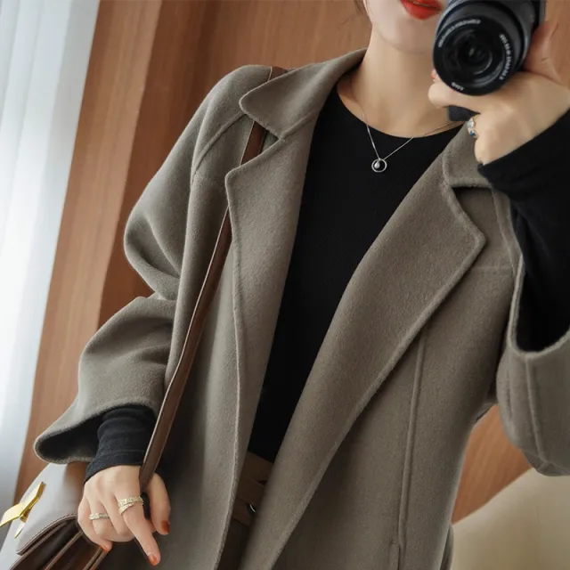 Reversible Cashmere Coat Women's Mid length Loose Over Knee Coat Gray Coffee - Shop at LoveMi