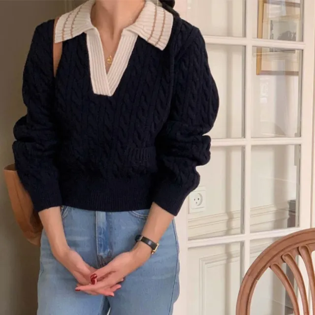 Women's Temperament Color Matching Lapel Twist Texture Long sleeved Sweater Black - Shop at LoveMi