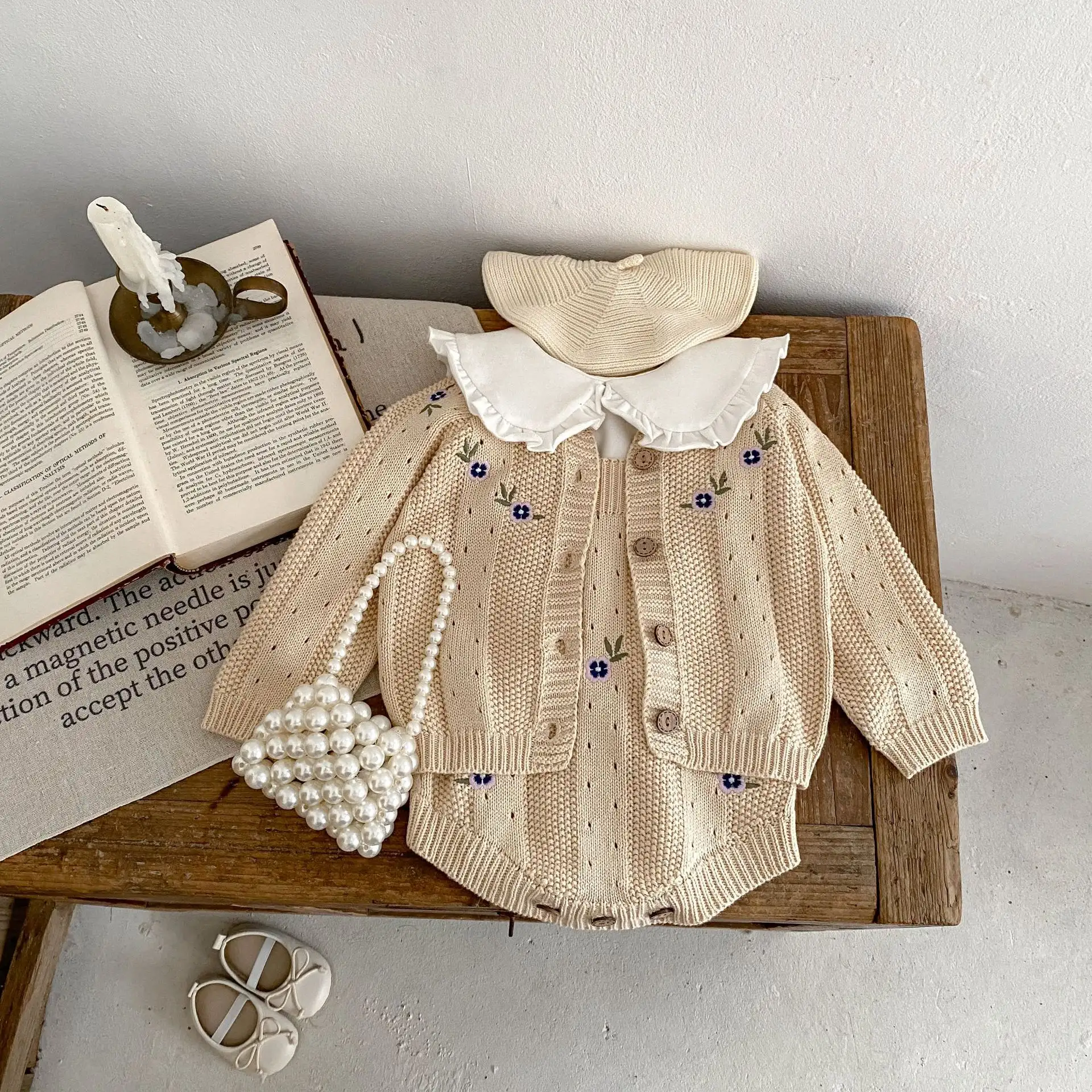 Children's Embroidery Hollow Knitted Coat Romper 2-piece Set