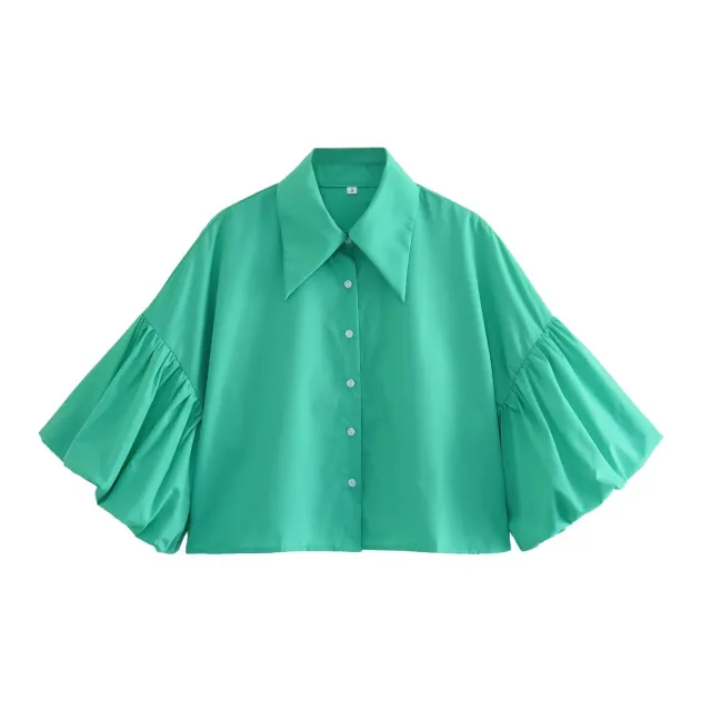 Casual Striped Lantern Sleeve Short Shirt For Women Blue - Shop at LoveMi