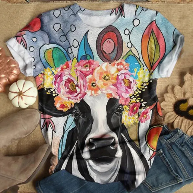 Fashionable Women's T Shirt With Bull Head Print Crew Neck And Short Sleeves 2 Style 3Xl - Shop at LoveMi