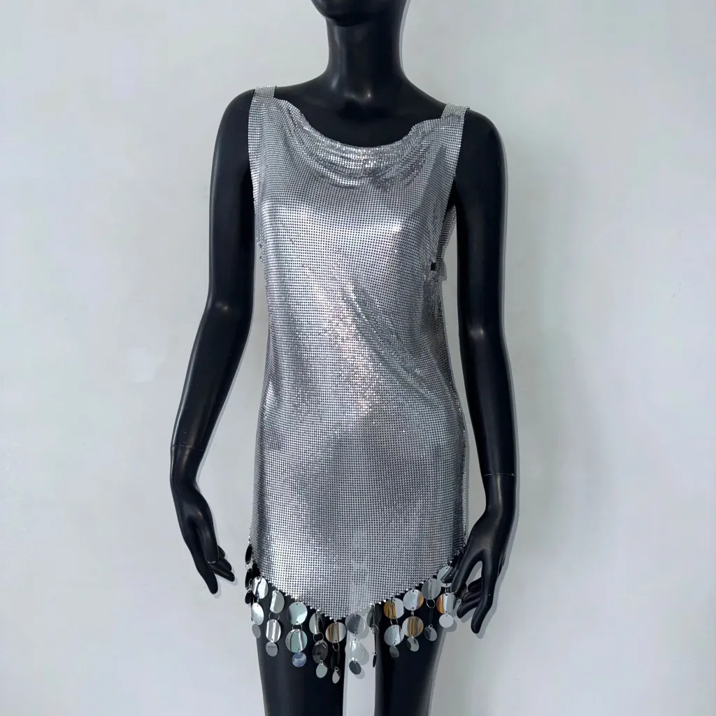 Sequins Dress Metal Stitching Vest Split - Silver