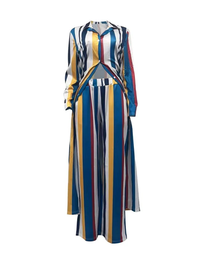 Button Long Sleeve Top With Blouse And Pants Women Blue - Shop at LoveMi