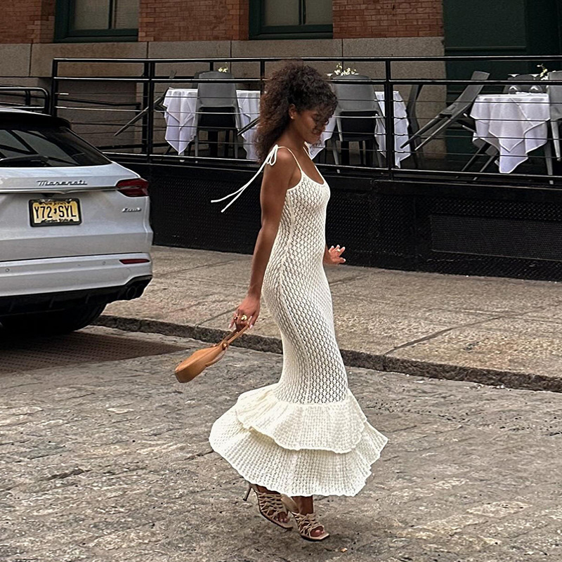 Beach Knitted Sling Tiered-Ruffle Long Dress Women