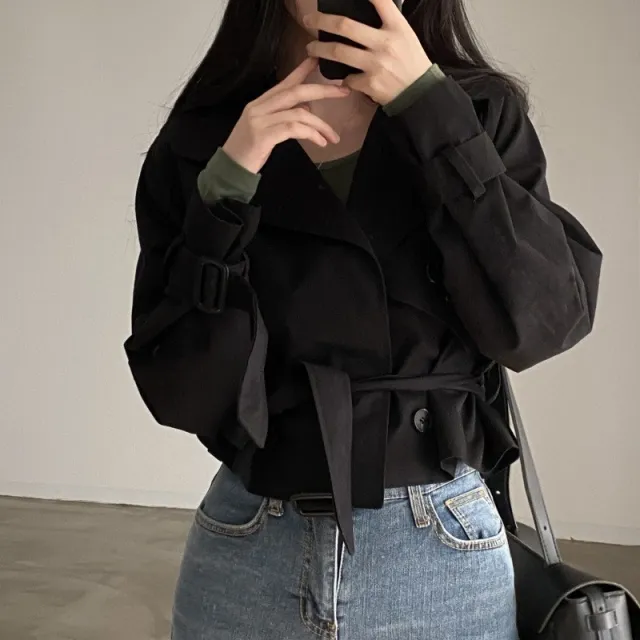 Retro Lapels Lace up Loose Solid Color Suit Collar Long Sleeve Black - Shop at LoveMi