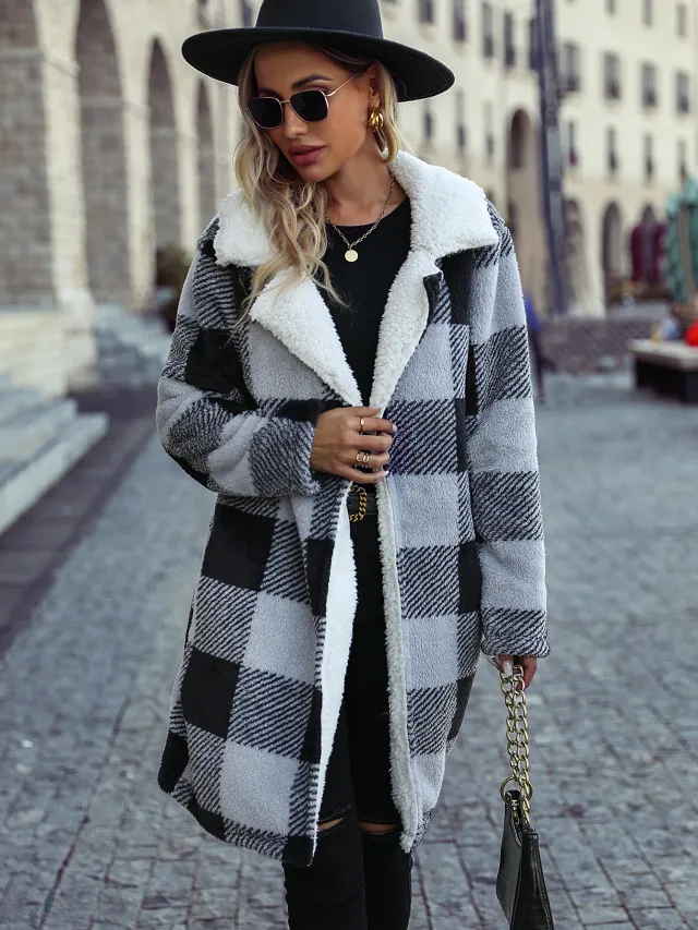 Women's Autumn Clothing Lapel Long Sleeve Buckle free Plaid Loose Cardigan Double sided Casual Jacket Black And Gray Plaid - Shop at LoveMi