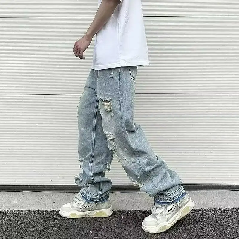 Water Washed Hole Retro Street Wide Leg Jeans