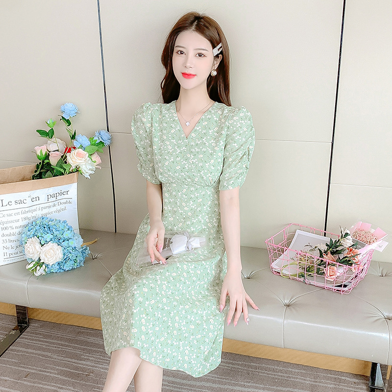 European And American Cheongsam Mid-length Bubble Slim V-neck Short Sleeve Slim Slimming