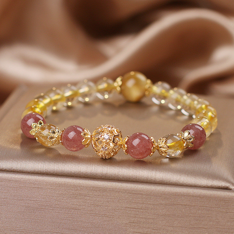 Natural Strawberry Quartz Tigereye Beaded Bracelet