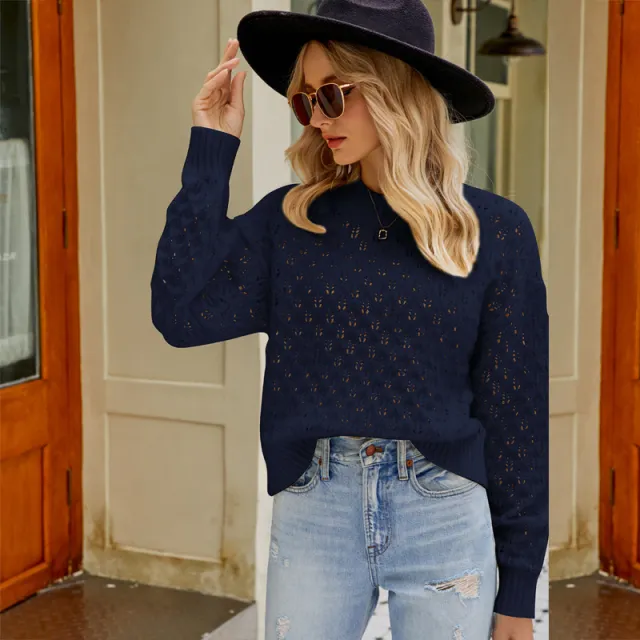 Women's Design Loose Round Neck Pullover Sweater Blue - Shop at LoveMi