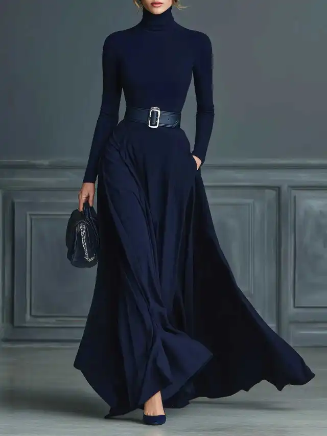 Women's Solid Color Long sleeved Waist Dress Blue - Shop at LoveMi