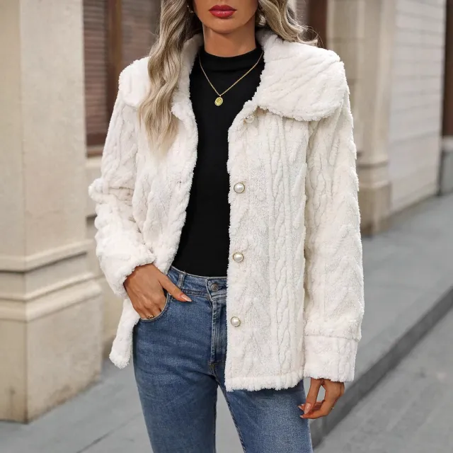 Double sided Plush Large Lapel Casual Cardigan Coat Women Ivory White - Shop at LoveMi