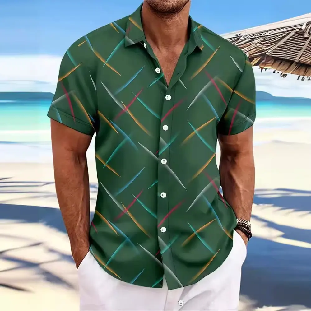 Summer New Men's Striped Feather Casual Beach Short Sleeve