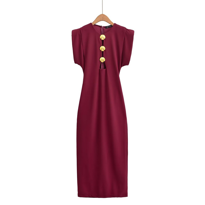 Hollow out Shell Metal Buckle Waist tie Long Dress Wine - Shop at LoveMi