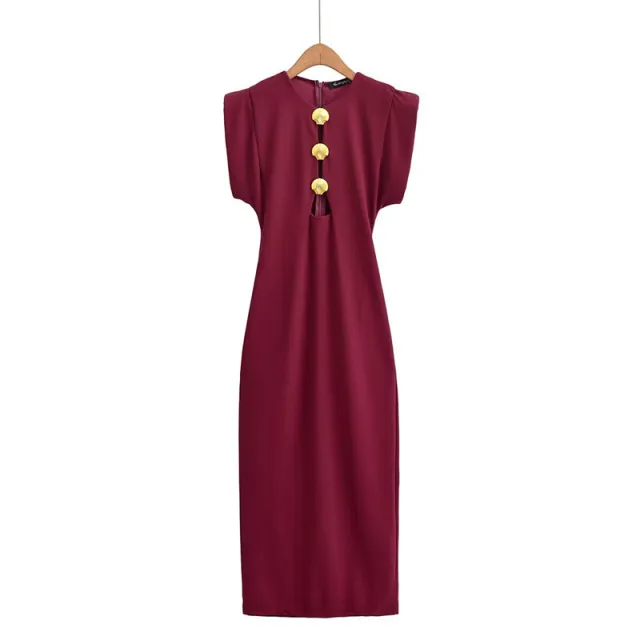 Hollow out Shell Metal Buckle Waist tie Long Dress Wine Red - Shop at LoveMi