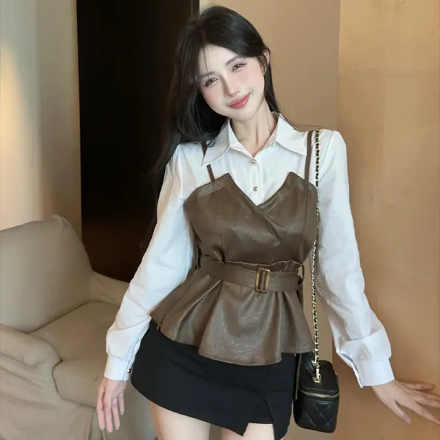 Stitching Leather Waist Trimming Spaghetti Straps Slim Fit Fake Two piece Shirt Khaki - Shop at LoveMi