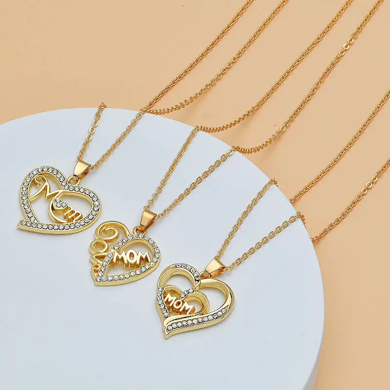Mother's Day Mom Heart Shape with Diamond Letter Necklace