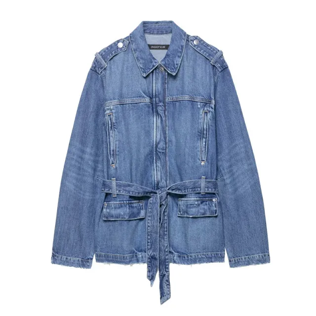 Long Denim Jacket Coat Loose High Waist Curl Jeans Top M - Shop at LoveMi