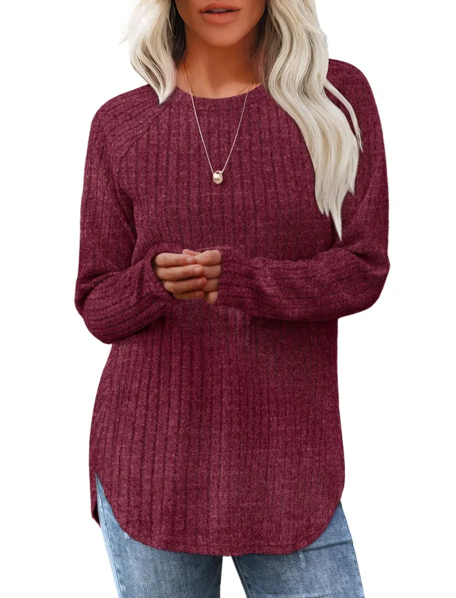 Loose Round Neck High And Low Curved Hem Top Red - Shop at LoveMi