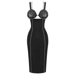 Bow Suspenders Bandage Flower Dress - Black - View 1