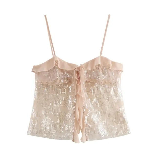 Spaghetti strap Ruffle Lace up Sequin Sling Small Top Picture Color S - Shop at LoveMi