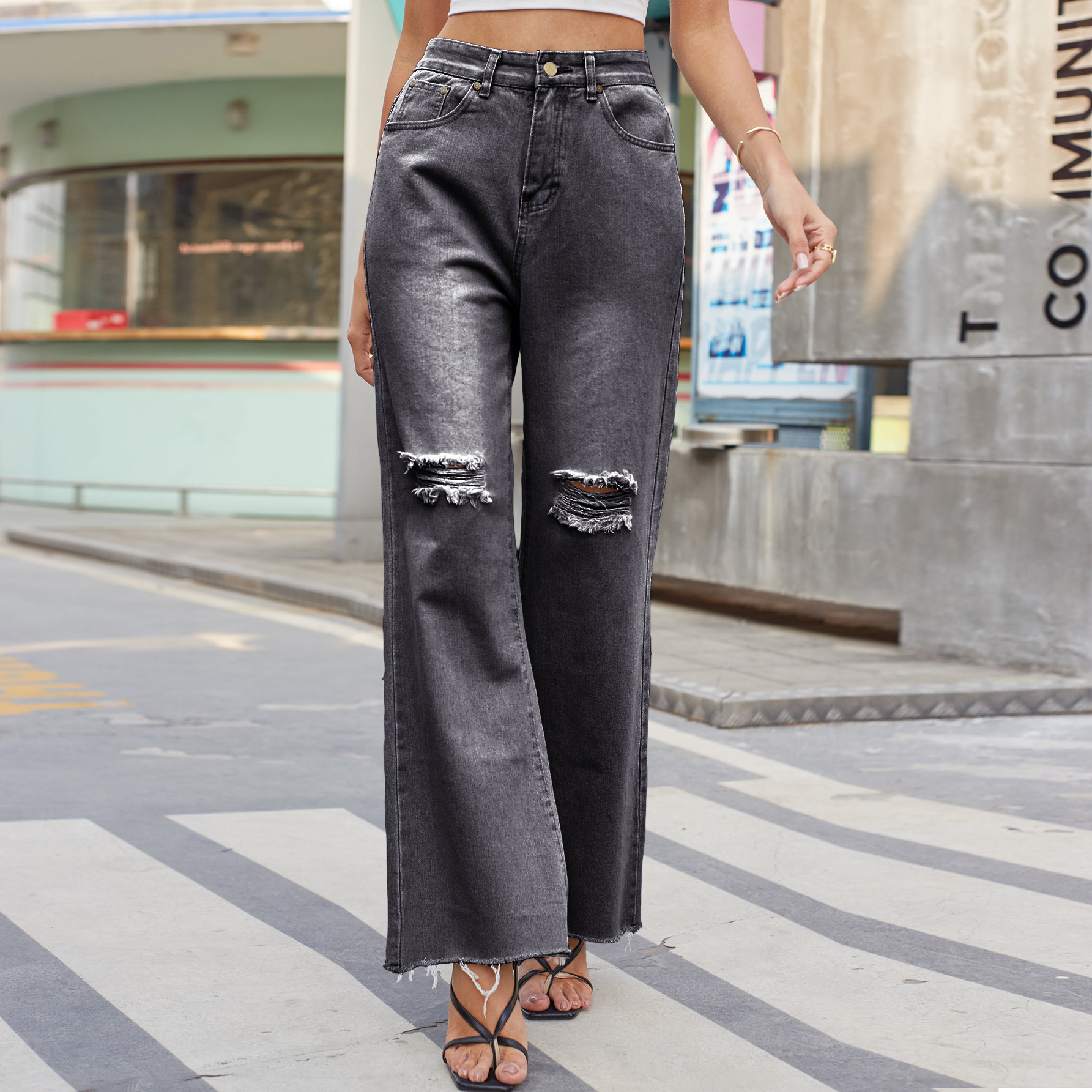 Denim Wide Leg Trousers Ripped Skinny Jeans Gray - Shop at LoveMi