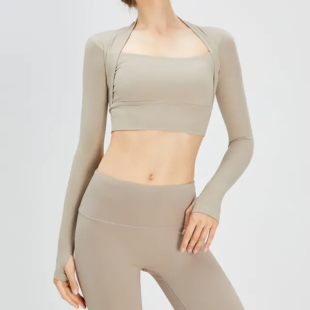 Yoga Clothes Long sleeved Women's Lulu Sports Top Running Fitness Clothes Khaki - Shop at LoveMi