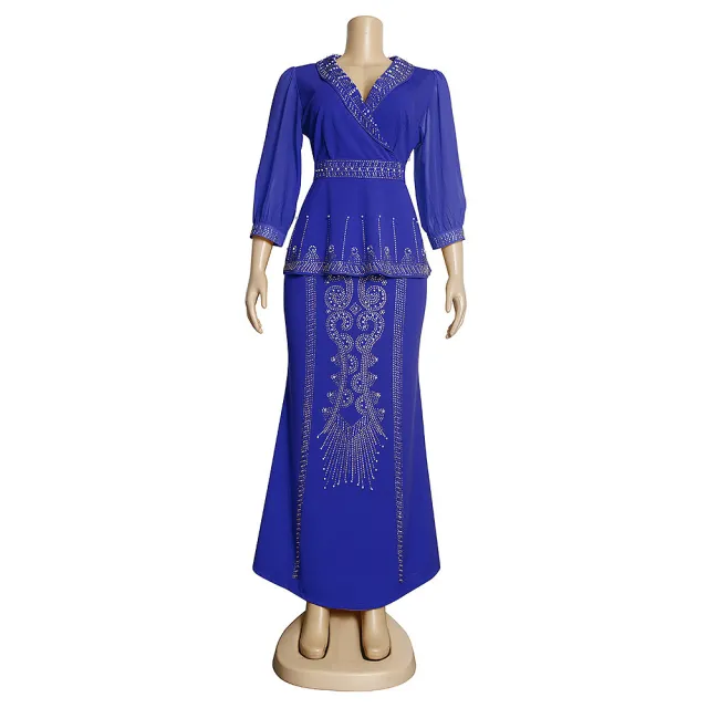 Plus Size Women's Fashion Heavy Embroidery Hot Drilling Top Fishtail Skirt Two piece Suit Blue - Shop at LoveMi