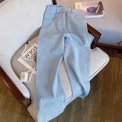 Striped Rhinestone High Waist Wide Leg Jeans - Light Blue - View 1